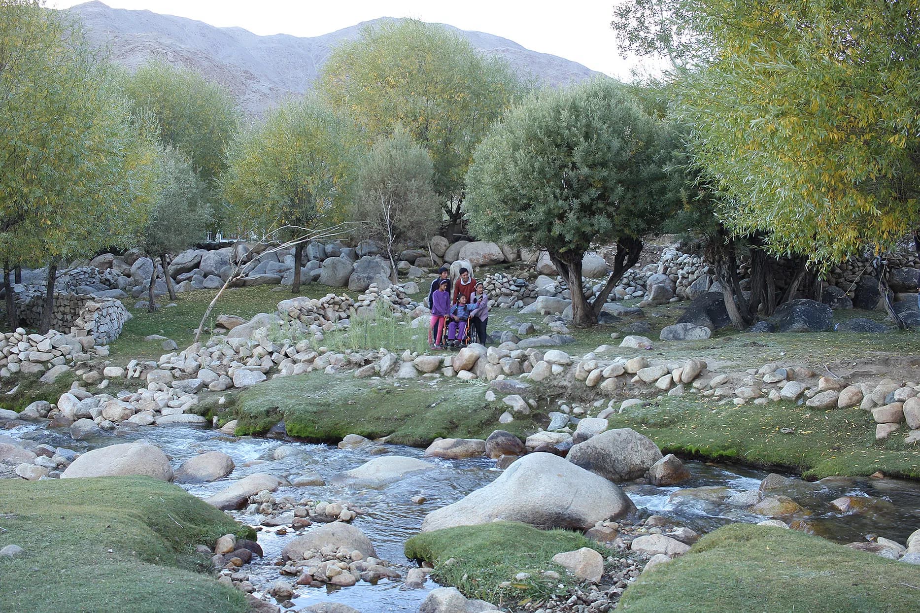 Scenic landscape of a Ladakh valley with a clear stream in the foreground and Chuskit with village children among willow trees