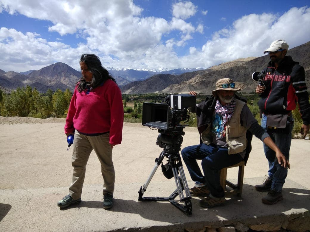 Director Priya Ramasubban and cinematographer Arvind Kannabiran setting up a panoramic camera shot overlooking the Ladakh mountain ranges
